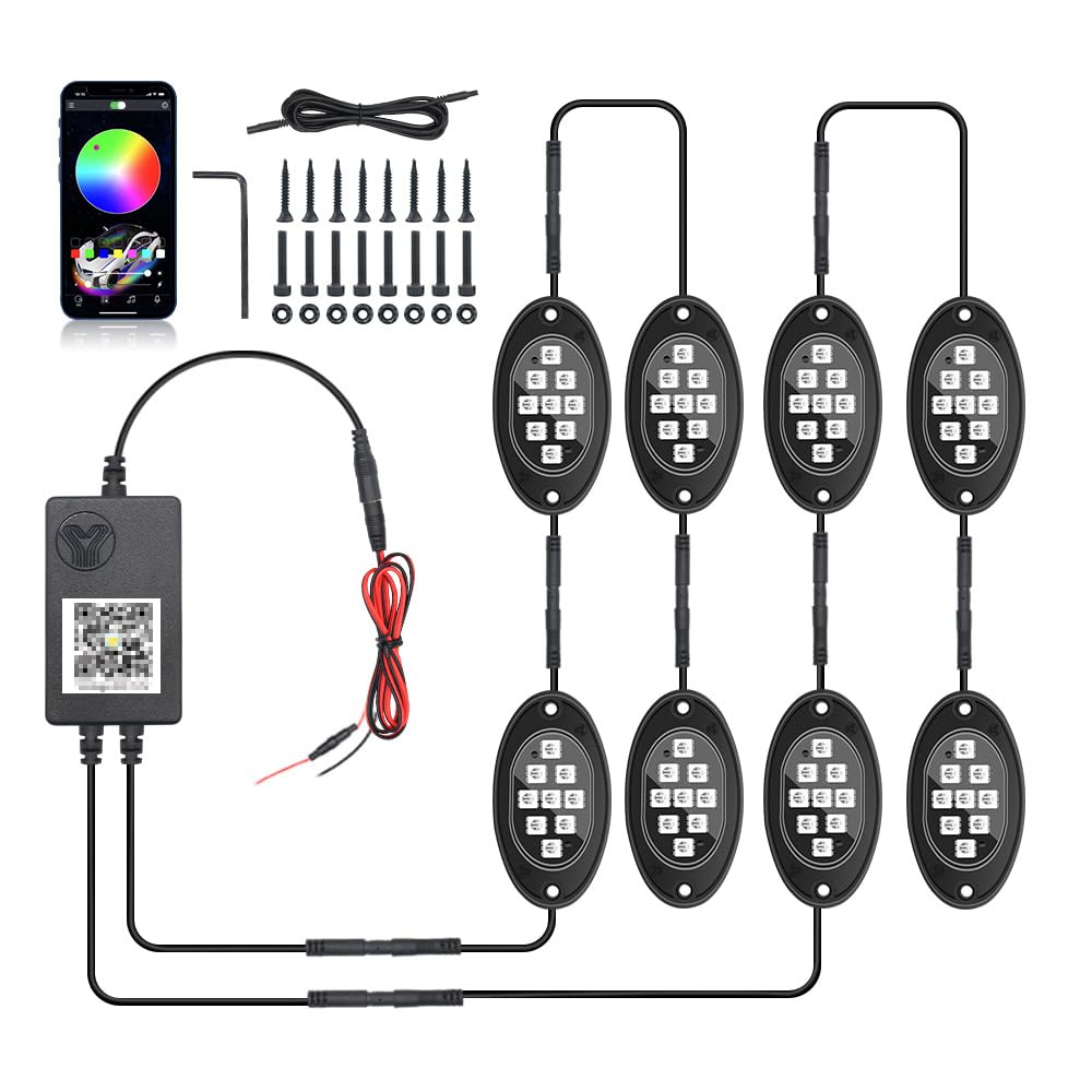 Rock Lights for Trucks, RGB LED Rock Lights Kit with, APP/Remote Control & Music Mode, Multicolor Cars Underglow, Footwell Neon Light Kits, for Pickup Off Road RZR SUV ATV UTV Car (8PC)