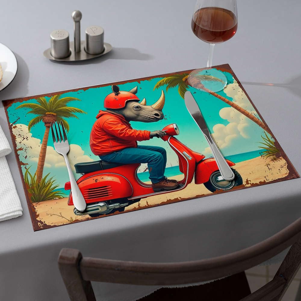Set de table rhinocéros scooter rouge lot de 6 pièces étanches au design tropical insolite