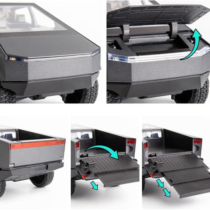 Image of Kids Model 1:24 Cyber Truck Die Cast Metal Car Pull Back Action Opening Doors with Realistic Engine Sound Lights Toy Car Gift for Boys - Black
