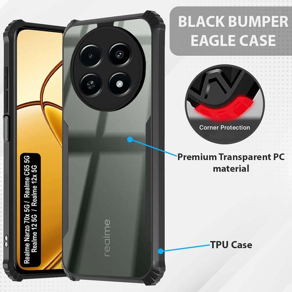 Fashionury Shockproof Crystal Clear Back Cover Case for Realme 12 / Realme 12X / Realme C65 / Narzo 70x | 360 Degree Protection | Transparent Back PC & TPU | Black Bumper Fashionury Shockproof Crystal Clear Back Cover Case for Realme 12 / Realme 12X / Realme C65 / Narzo 70x | 360 Degree Protection | Transparent Back PC & TPU | Black Bumper