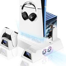 LENISUOLE PS5/Slim/Pro Stand and Cooling Station, with 3 Level Cooler Fan for PlayStation 5 Disc Digital Console, LED Dual Controller Charging Station, Headset Holder, Game Slot White