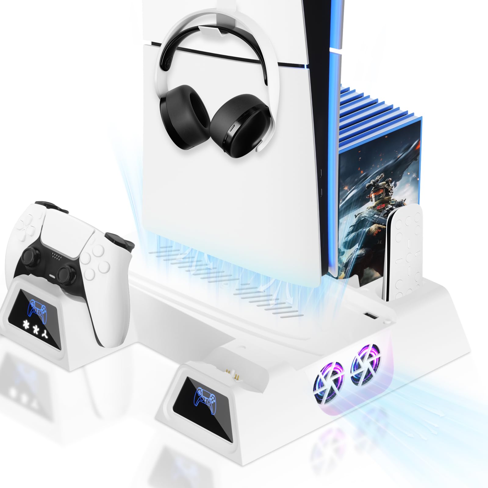 LENISUOLE PS5/슬림/프로 스탠드 및 쿨링 스테이션, 플레이스테이션 5 디스크 디지털 콘솔용 3단계 쿨러 팬, LED 듀얼 컨트롤러 충전 스테이션, 헤드셋 홀더, 게임 슬롯 화이트