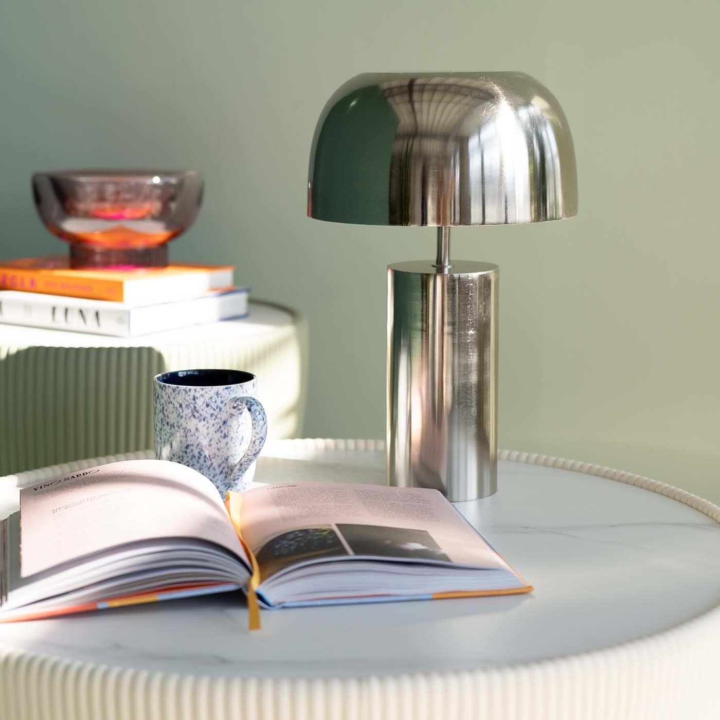Kare Design Lámpara de Mesa Loungy Cromo, Plata, Metal, Redonda Moderna, Altura 38cm, Luz Decorativa, Decoración para Sala de Estar, sin Bombilla Incluida