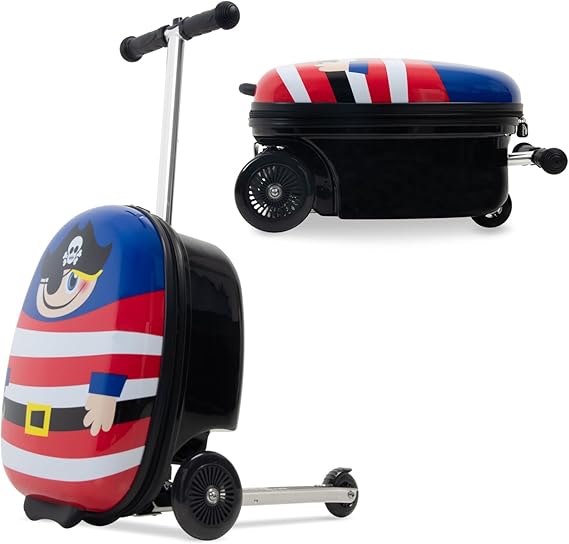 Cartoon Character Ride-on Kids Scooter Luggage with Wheels | Folding Hardshell Carry-On Luggage for Boys & Girls Ages 4-15 | Lightweight Travel Suitcase for Airplane, Check-In