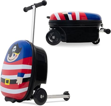 Cartoon Character Ride-on Kids Scooter Luggage with Wheels | Folding Hardshell Carry-On Luggage for Boys & Girls Ages 4-15 | Lightweight Travel Suitcase for Airplane, Check-In