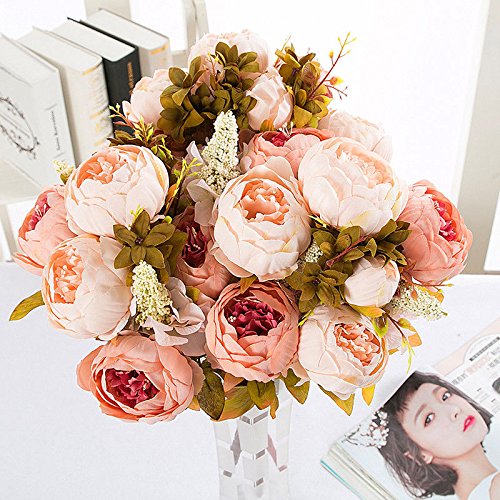 Lanyifang Ramo de Flores de Peonia Artificiales Ramo de Flores de Seda 13 Cabezas para Decoración Casa Nupcial Boda Partido Festival Bar (Champagne)