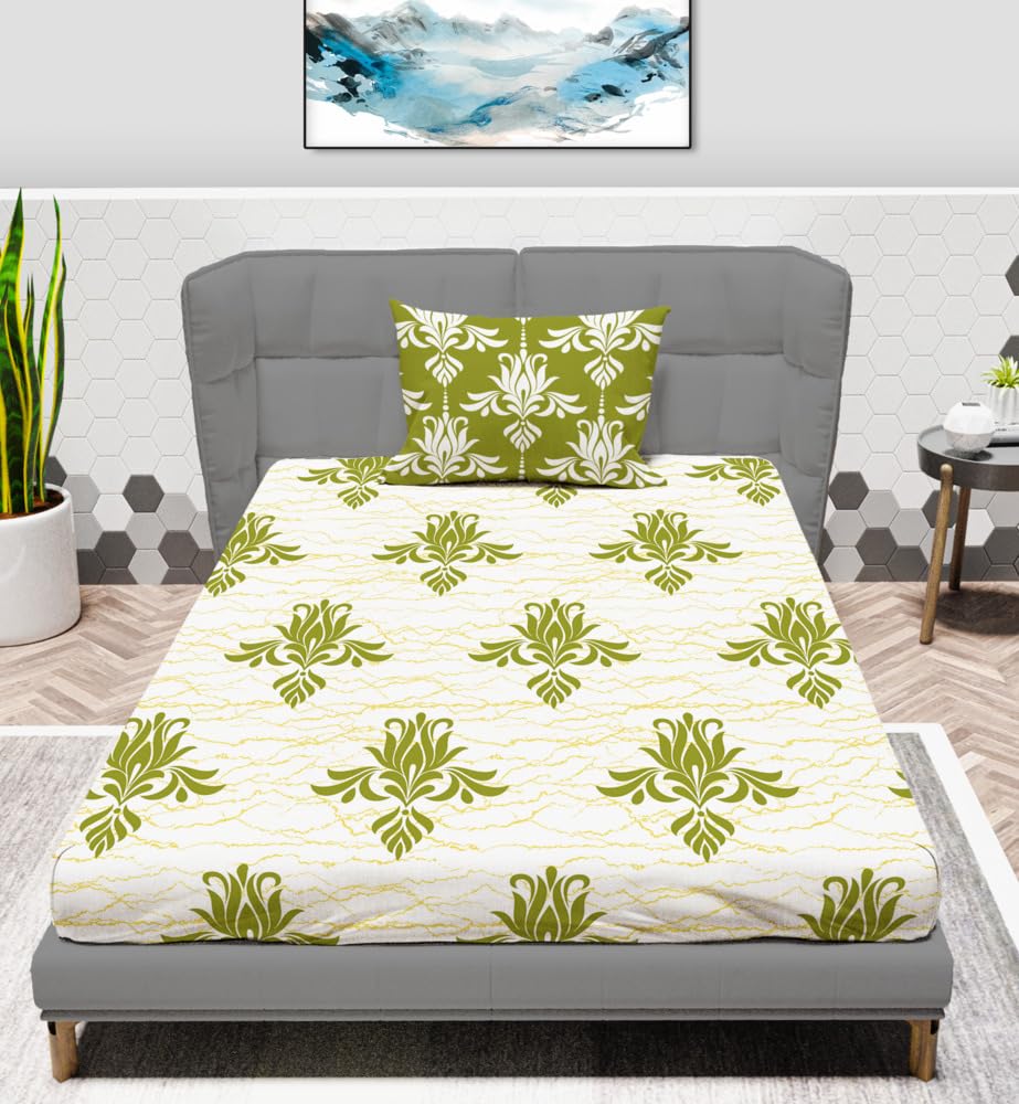 MAYFAIR HOMES LONDON Green Ornamental 100% Cotton Single Bedsheet with 1 Pillow Cover