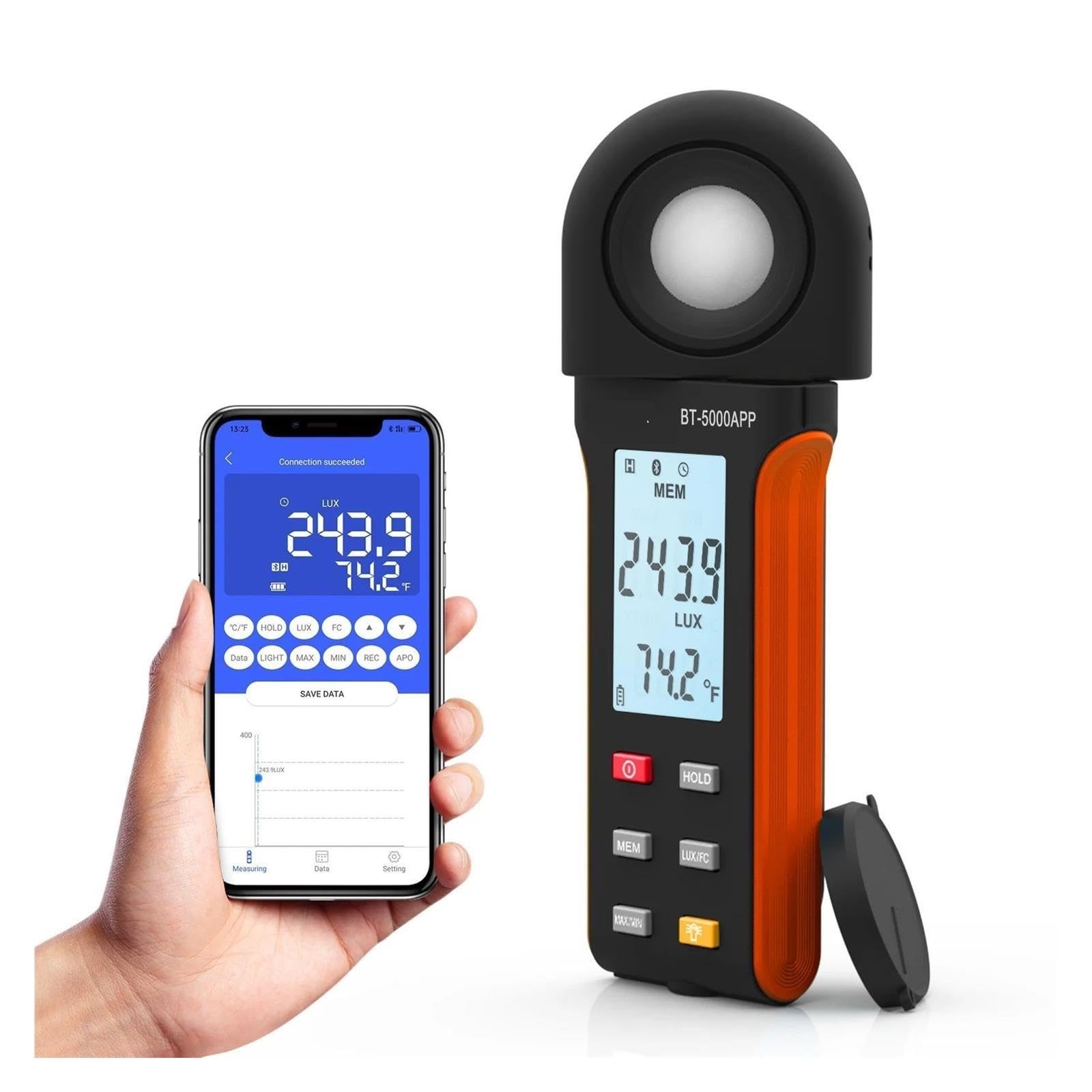 Światłomierz, Cyfrowy luksomierz 400 000 luksów Miernik światła Aplikacja Bluetooth Rejestrator danych Oddzielny czujnik