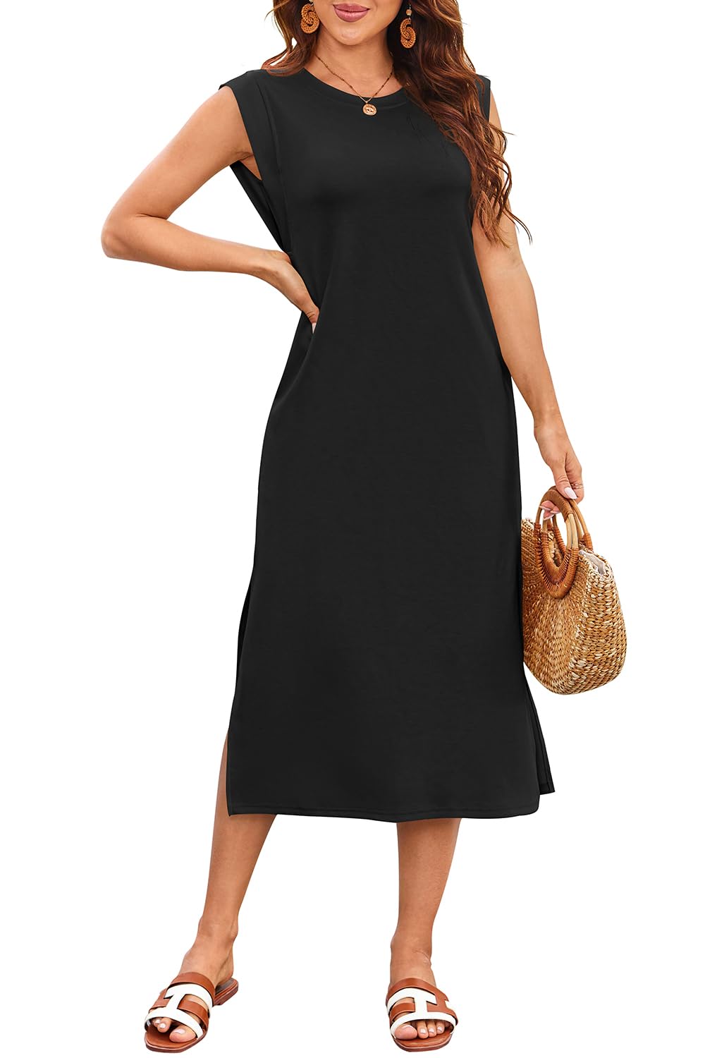 Naggoo Summer Dresses for Women 2026 Sleeveless Casual Split Midi Dress Maxi Beach Travel Vacation Sundress with Pockets