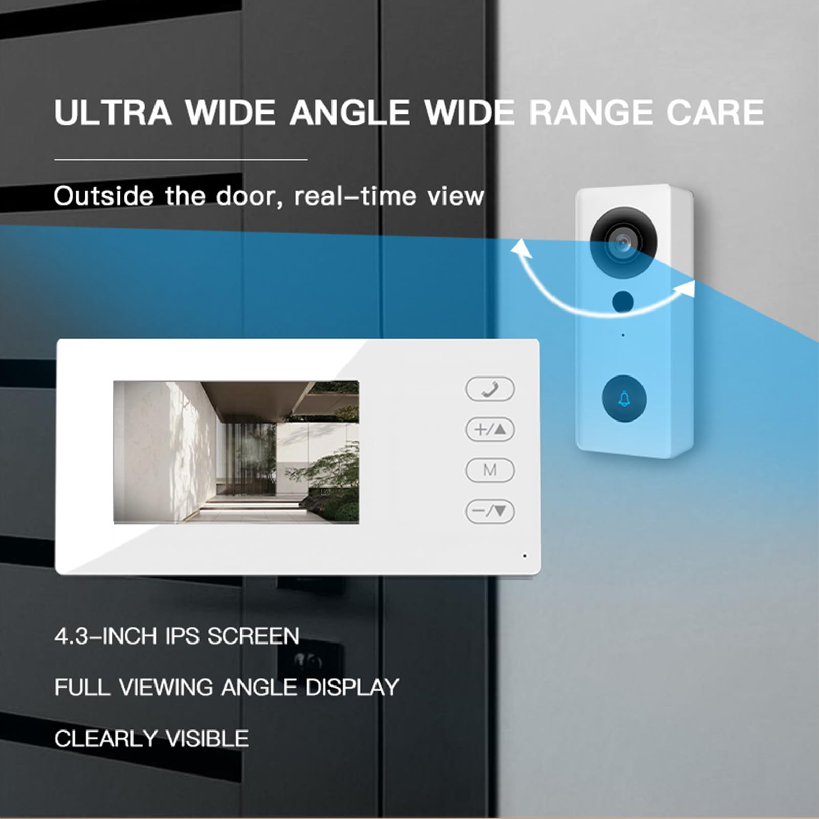 Videocitofono Wireless 2.4G con Schermo Display Kit Videocitofono con Schermo IPS 4,3 Pollici Visualizzazione Notturna Citofono Bidirezionale per Villa Home Office Appartamento (Bianco)