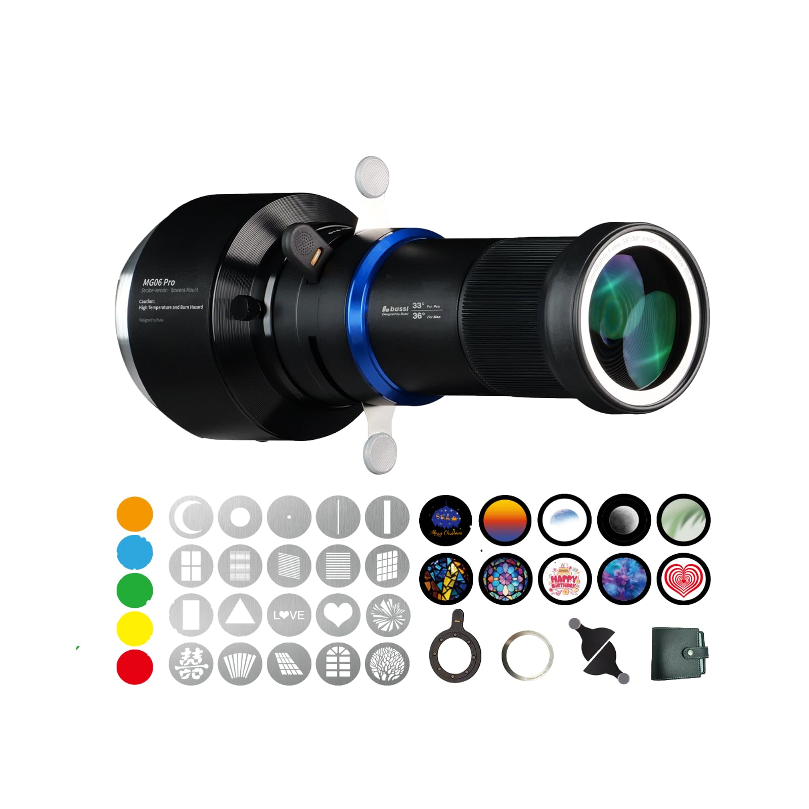 Bussi MG06 Pro Optical Bowens Mount Snoot kit with 30 gobos, 33° Lens Optical Snoot Spotlight for Photography Spotlight Projector kit, (Bowens Mount for Strobe Lights)