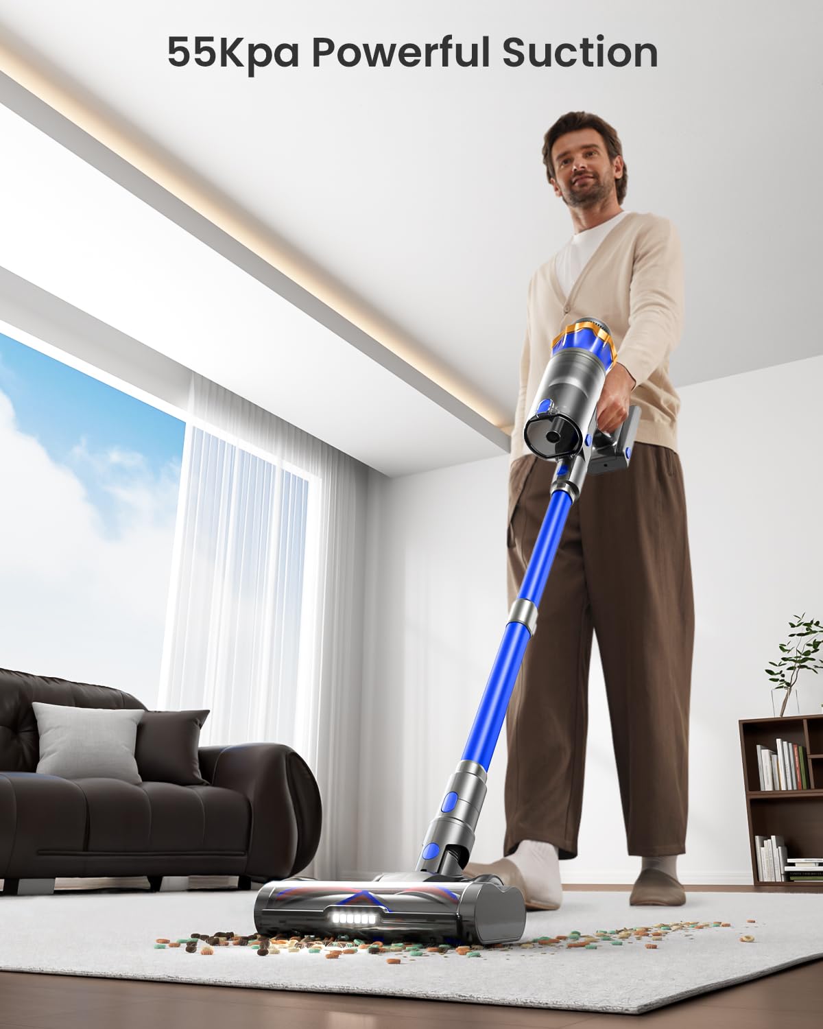 dsorupa Cordless Vacuum Cleaner, 650W 55KPA 70Mins Stick Vacuum with Touch Screen, Anti-Tangle, Self-Standing Vacuum Cleaners, Rechargeable, Wireless Vacuum for Pet Hair, Hard Floors, Carpet in use