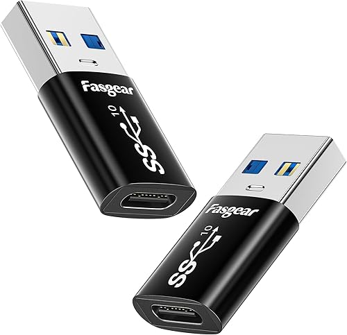 Fasgear Paquete de 2 adaptadores USB a USB C, convertidor USB 3.2 Gen 2 tipo C hembra a un macho de 10 Gbps de sincronización de datos y adaptador