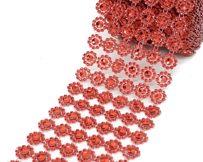 Lassos Boutique 4" x10 Yards (30 Feet) Flower Diamond Mesh Faux Rhinestone Ribbon Wrap for Wedding, Party, and Events Decoration (Red)