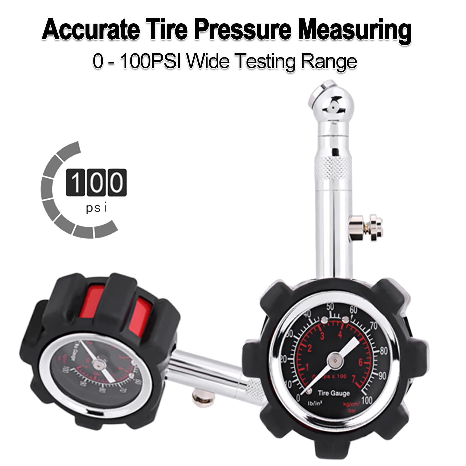 Tire Pressure Gauge, 0-100PSI Air Pressure Tire Gauge with Glow Dial, Copper Head and Rubber Jacket for Car, Truck, Motorcycle, RV