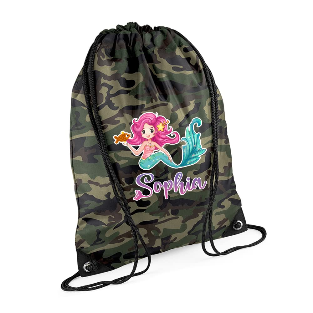 Mermaid Girl Gift Bag Personalised Backpack Mermaid Bag Gift for Kids-Girl Toddlers Birthday Girl Drawstring Bag, PE Gym Kit Swimming, Sport Rucksack. (Jungle Camo)