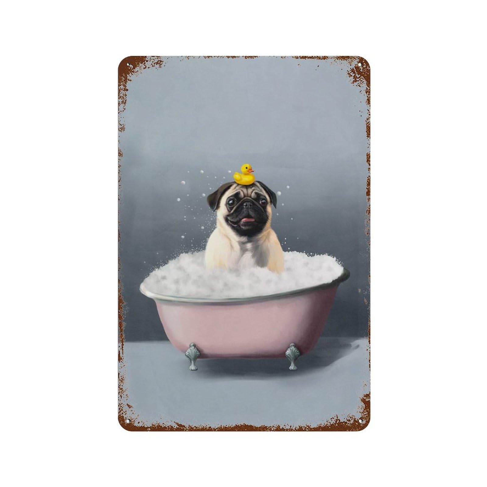 Pug in A Bubble Bath 11.8"x7.9" Distressed Metal Wall Sign, Shabby Chic Decor for Office, Studio And Wall Decor