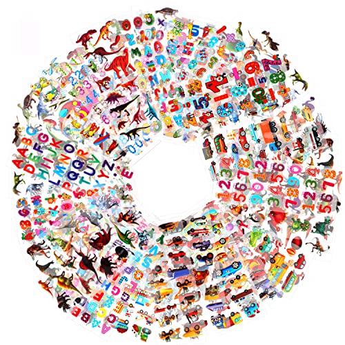 HOWAF 48 Feuilles Plus de 1000 Novelty Autocollants 3D pour Enfant, Fille et Garçon Gommettes Stickers Enfant, Lettres, numéros, Dinosaures, Voitures et Plus