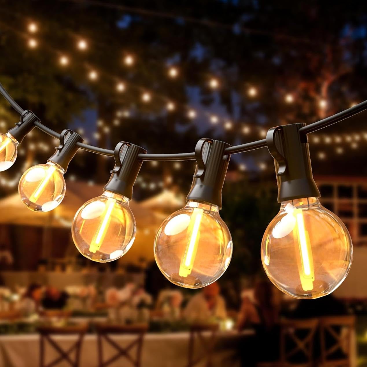 Guirnalda luminosa exterior de 61,3 m – 80 + 4 G40 LED con App & Mando a distancia Guirnalda Guinguinguinga exterior, cable 6,4 m, regulable, temporizador, música sincronizada, 4 modos de iluminación