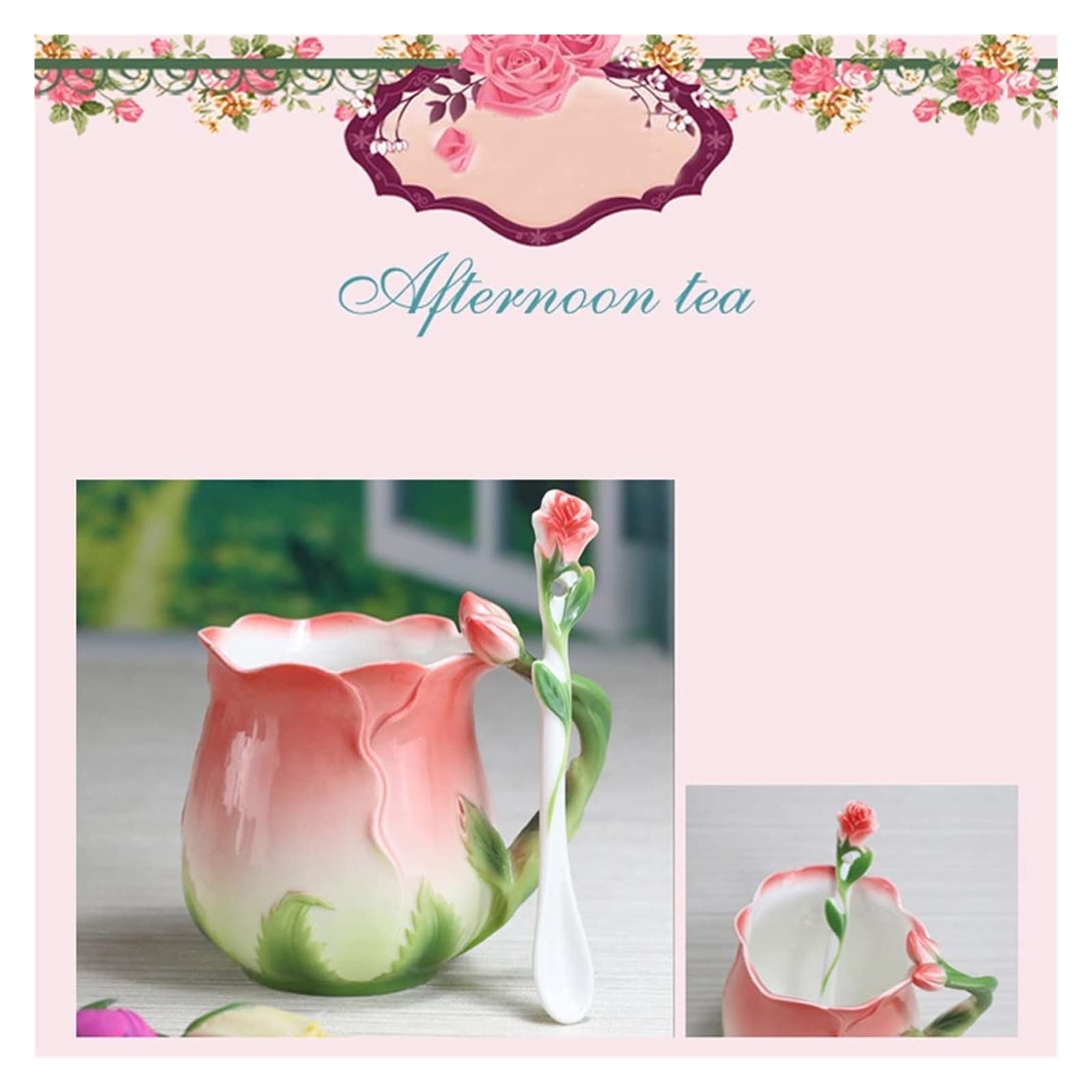 Tazas de café Tazas de café Taza Flor Creativa Taza de cerámica Hueso China Taza de café Polvo Flor Taza de té Rosa Taza Inglesa (Color : Pink)
