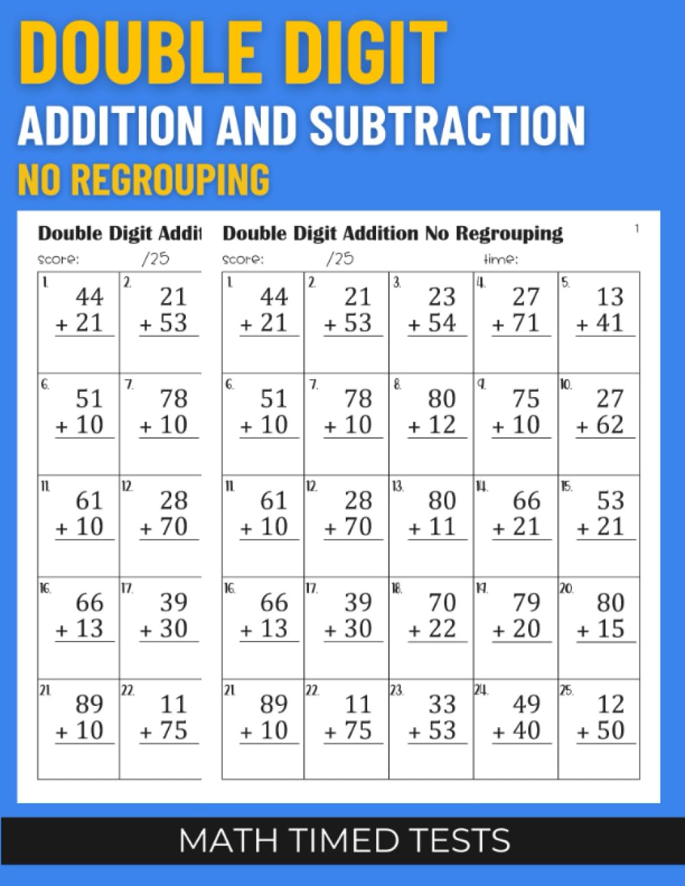 Math Timed Tests: Double Digit Addition and Subtraction No Regrouping