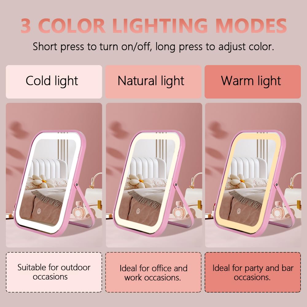 YEKKOPT Wiederaufladbarer Kosmetikspiegel mit Lichtern, LED-Make-up-Spiegel, 25,4 x 20,3 cm, beleuchteter Make-up-Spiegel mit Lichtern, Smart-Touch-Steuerung, dimmbar, 3 Modi, beleuchteter Spiegel für