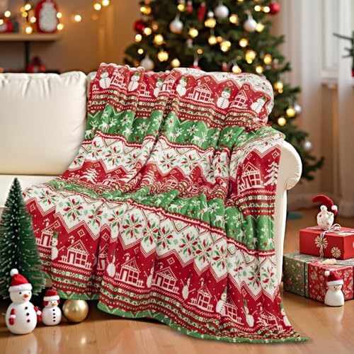 Christmas Blanket Green and Red Stripe, with Xmas Tree, Snowman, Snowflake, Elk and Xmas House, 50