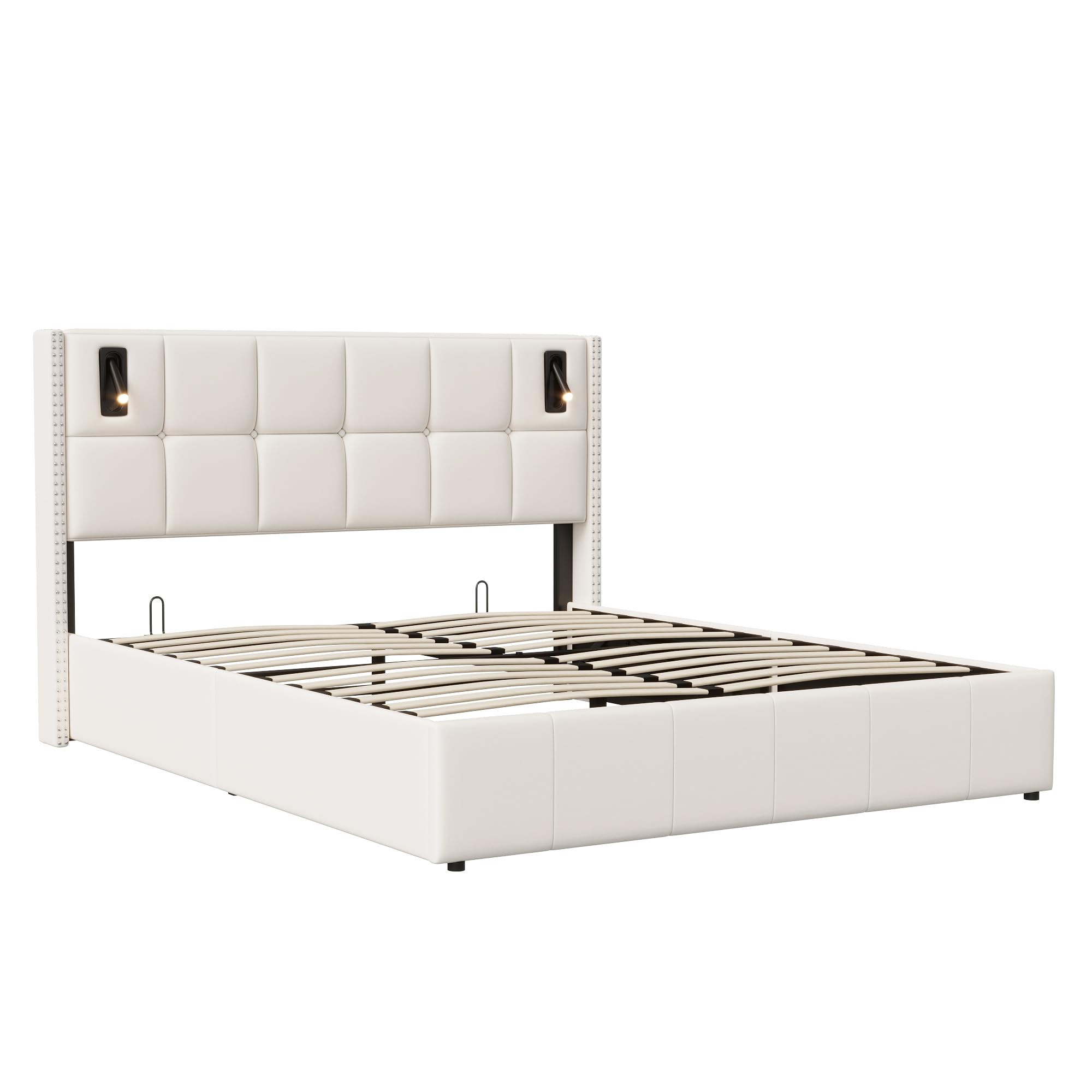 Cama Canapé Abatible 160x200 cm de Terciopelo Beige, Cama Tapizada de con Almacenaje Hidráulico, Cabecero con Luces LED de Lectura Regulables, Estructura de Madera y Somier de Láminas, Sin Colchón