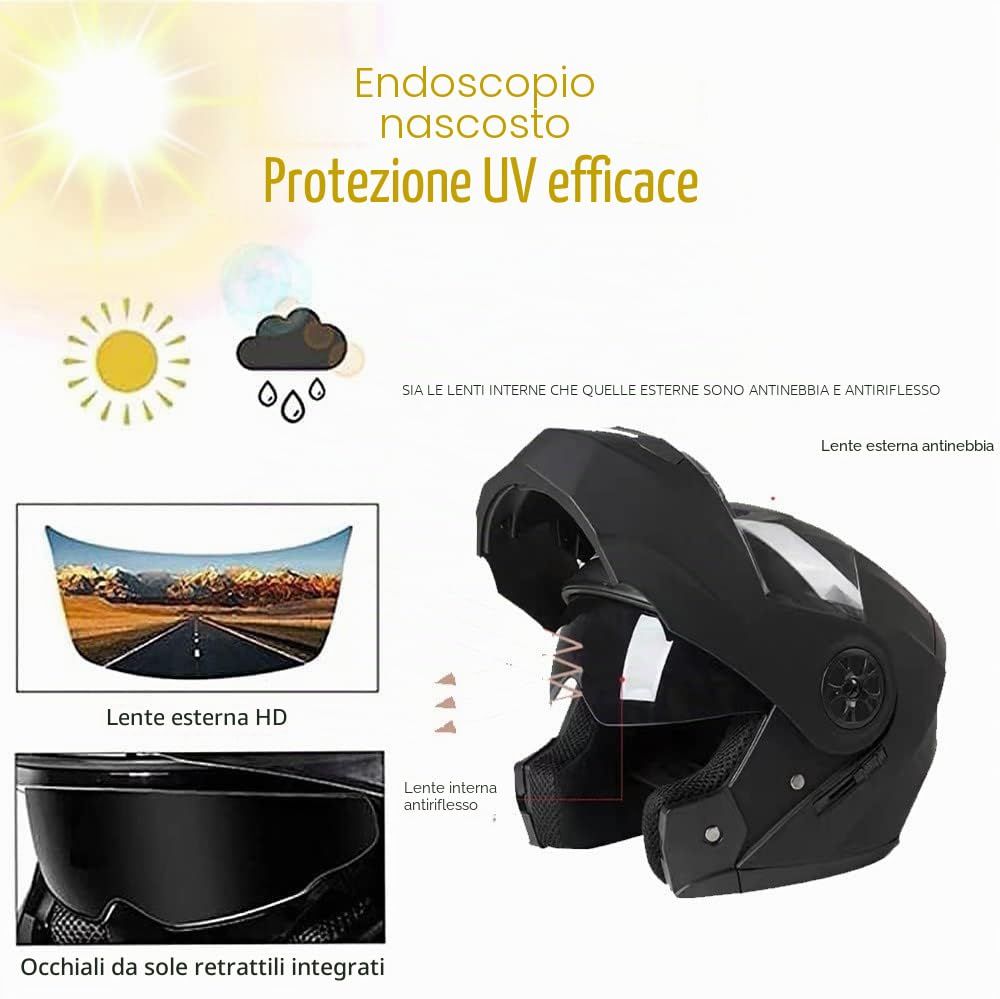 Casco da Moto Bluetooth, Casco Integrale con 2 Piloti Casco Bluetooth Intercom Omologato DOT/ECE, Leggero, con Doppia Visiera, Casco Modulare per Adulti Uomini Donne S~XL