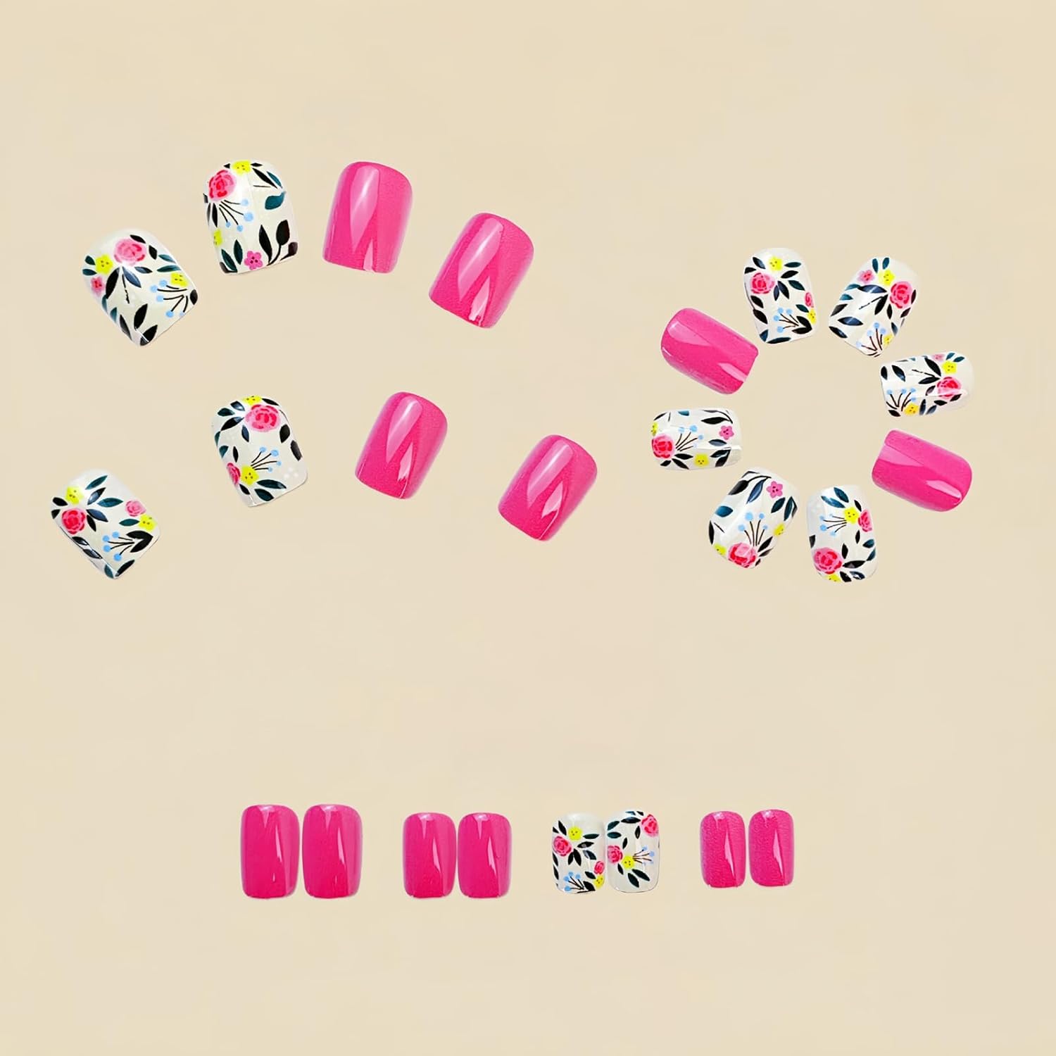 Condition photo showing New/Like New for Pink Press on Nails Flowers Stick on Nails Cute Spring Summer Glue on Nails Short Square Fake Nails Glossy Acrylic False Nails Full Cover Artificial Nails Reusable Nails Kit for Women Girl 24Pcs New Pattern29