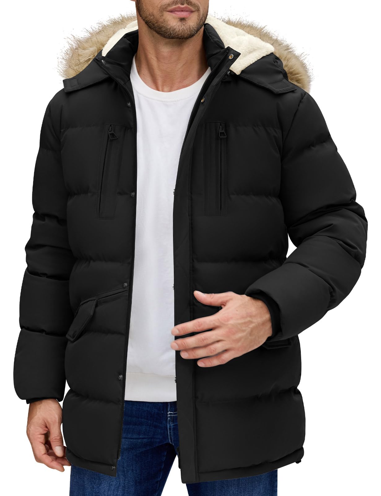 Mens Long Winter Coat Warm Thicken Water Resistant Jacket Fleece Windproof Parka Coat with Detachable Hood
