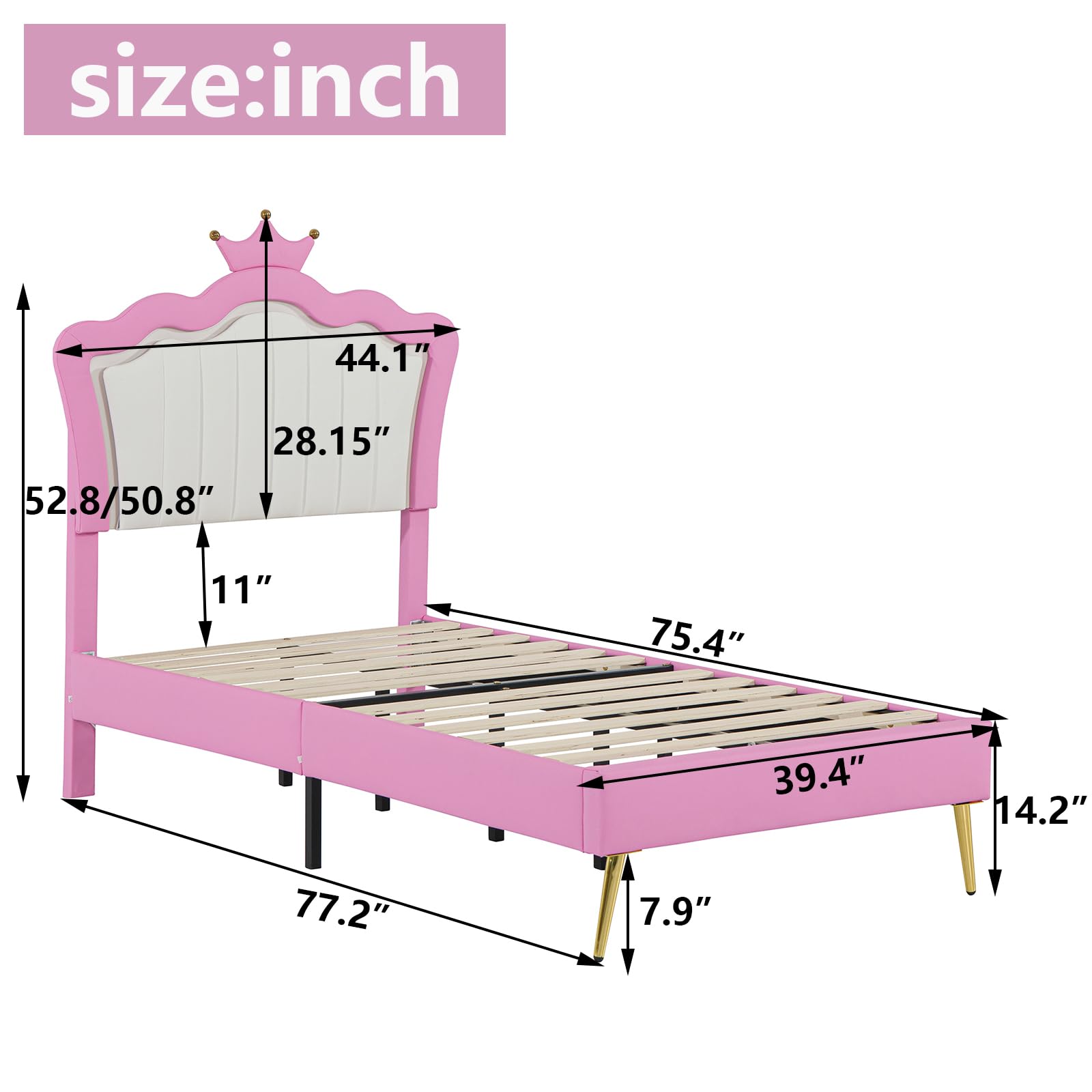 Fefances Modern Twin-Size Upholstered Princess Bed Frame with Integrated LED Lights & Elegant Crown Headboard - Perfect for a Stylish Bedroom?Pink+White