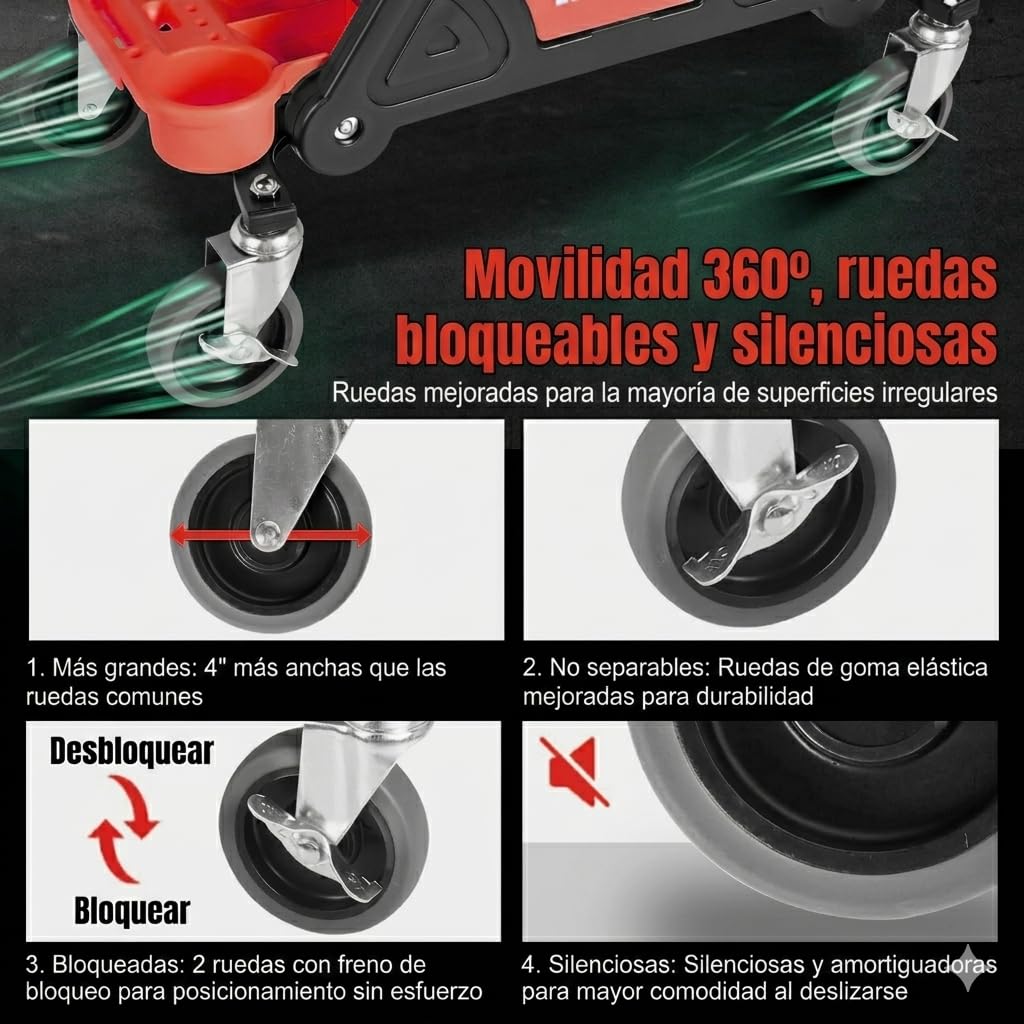 JOMAFA Asiento Taburete de Taller con Bandeja extraibles y Ruedas, Carga hasta 125 kg