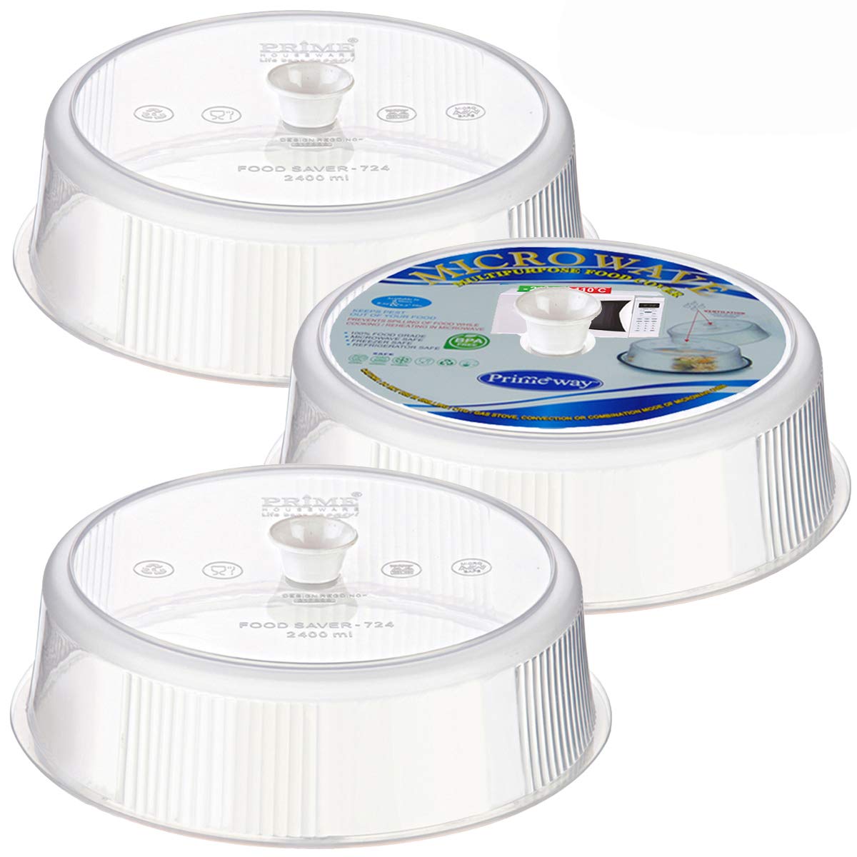 Primeway® Plastic Ø 21cm Multipurpose Lid Microwave Food Splatter Cover with Steam Vent | 8.25" Dia | Pack of 3 | Clear Transparent