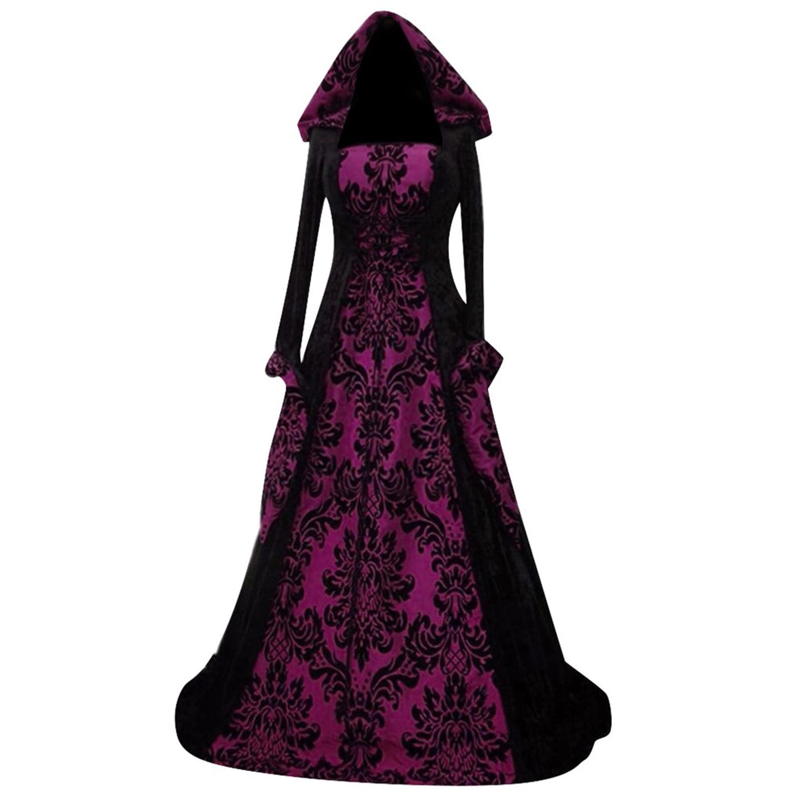 UXXNJFG Womens Halloween Costume Adult Plus Size Witch Costume Adult Medieval Ladies Halloween Costumes Sexy Victorian Medieval Dress Party Cosplay Retro with Hooded Carnival Purple S