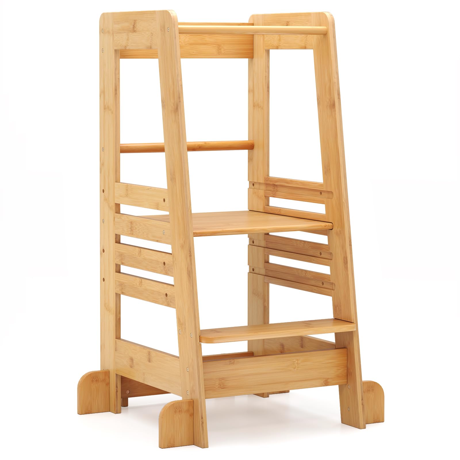 COSTWAY Wieża edukacyjna dla dzieci z bambusa, taboret do stąpania Montessori z 4 regulowanymi wysokościami i balustradami bezpieczeństwa, drabinka do obciążenia do 70 kg, stołek dla dzieci od 1 roku