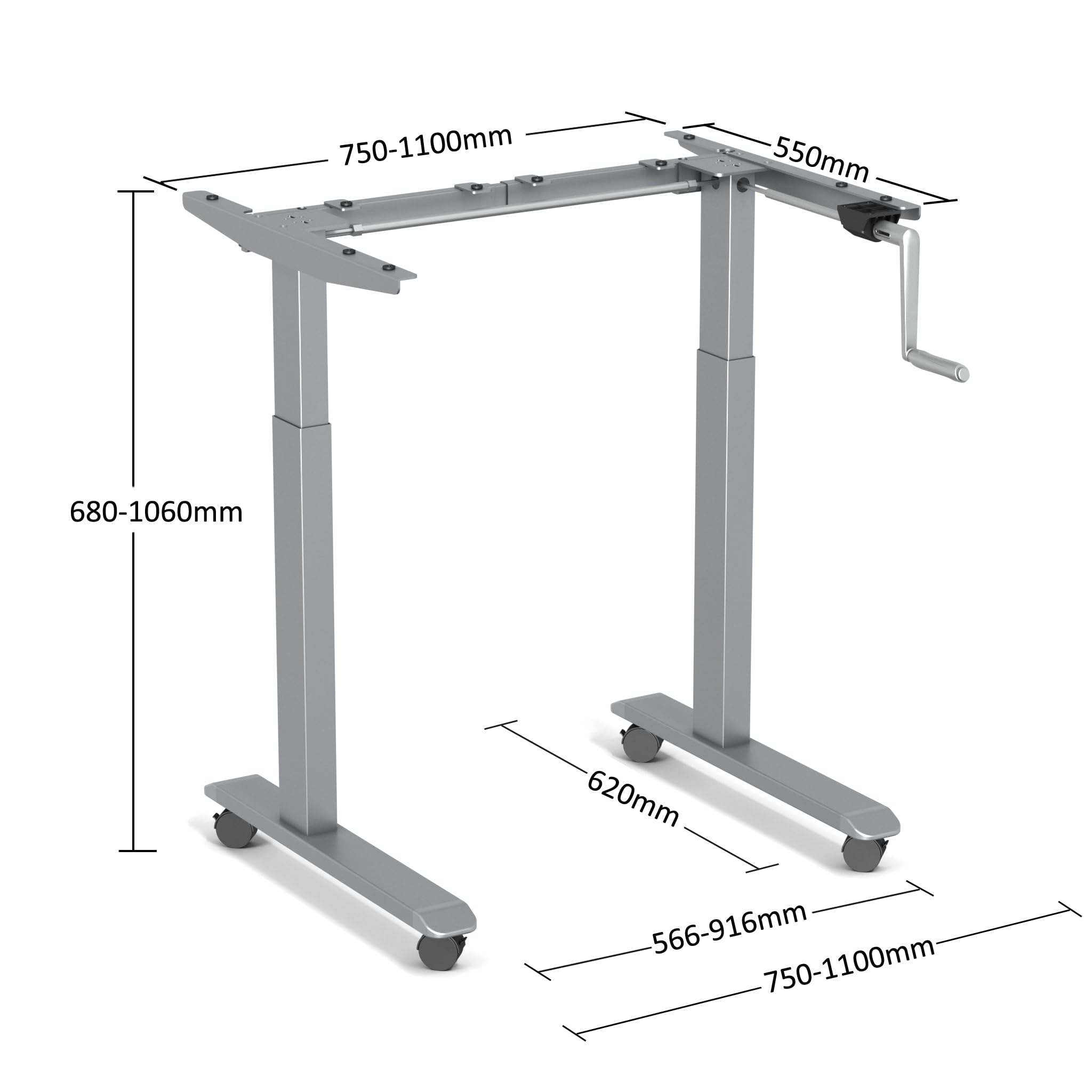 StudyDesk - Kleiner Handkurbel Höhenverstellbarer Schreibtisch - Höhe 60,8-106 cm - Breite 75-110 cm - Mobil - Weiß