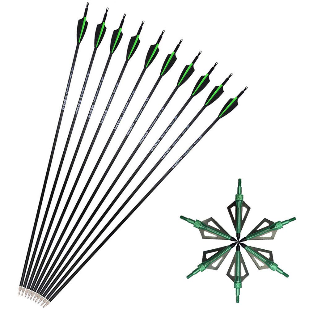 SHARROW 12pcs Archery Carbon Arrows 30 inch Hunting Target Arrows 500 Spine with Replace Broadhead for Compound and Recurve Bow