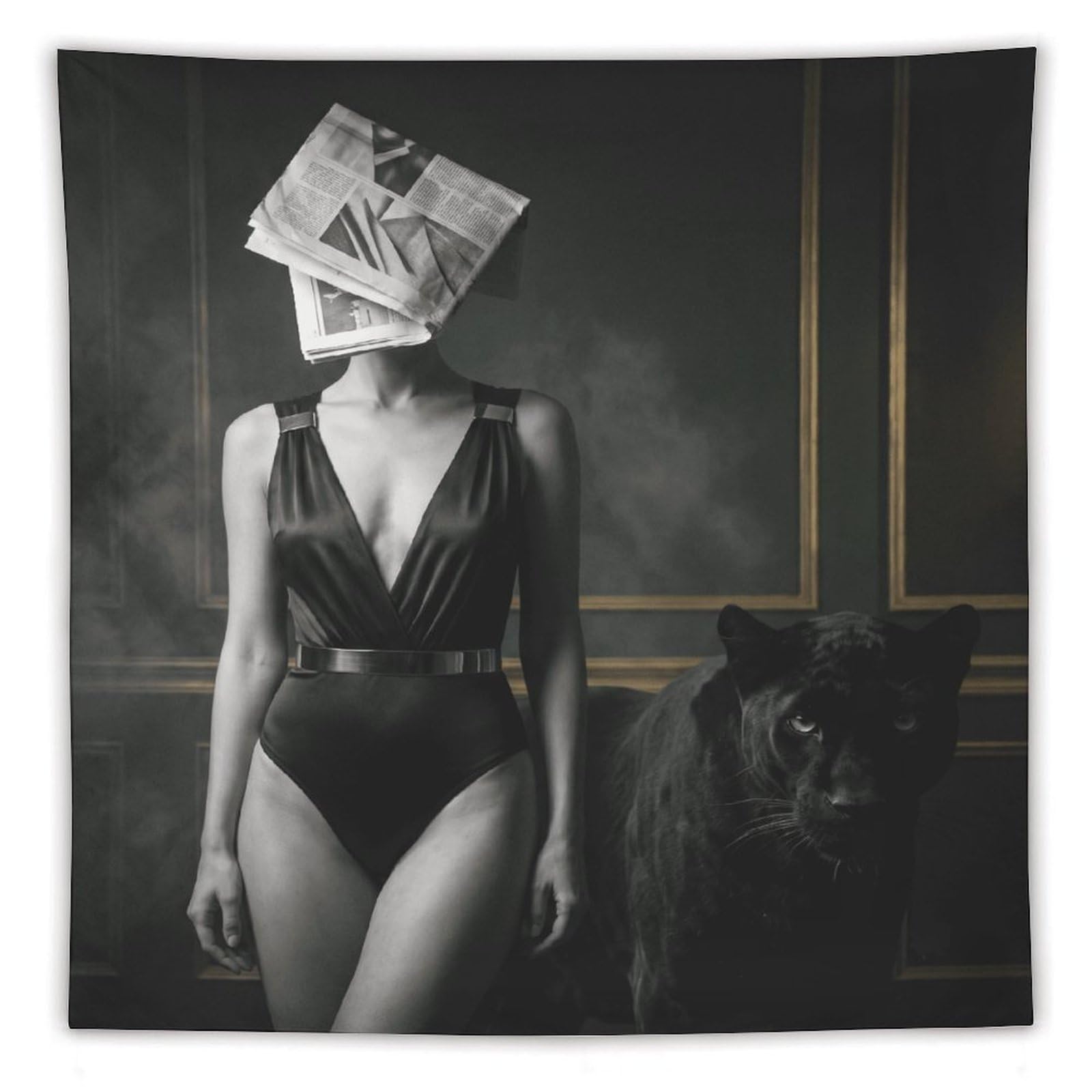 H3B8U2Y5 Newspaper Mask Woman Panther Wall Tapestry, Living Room