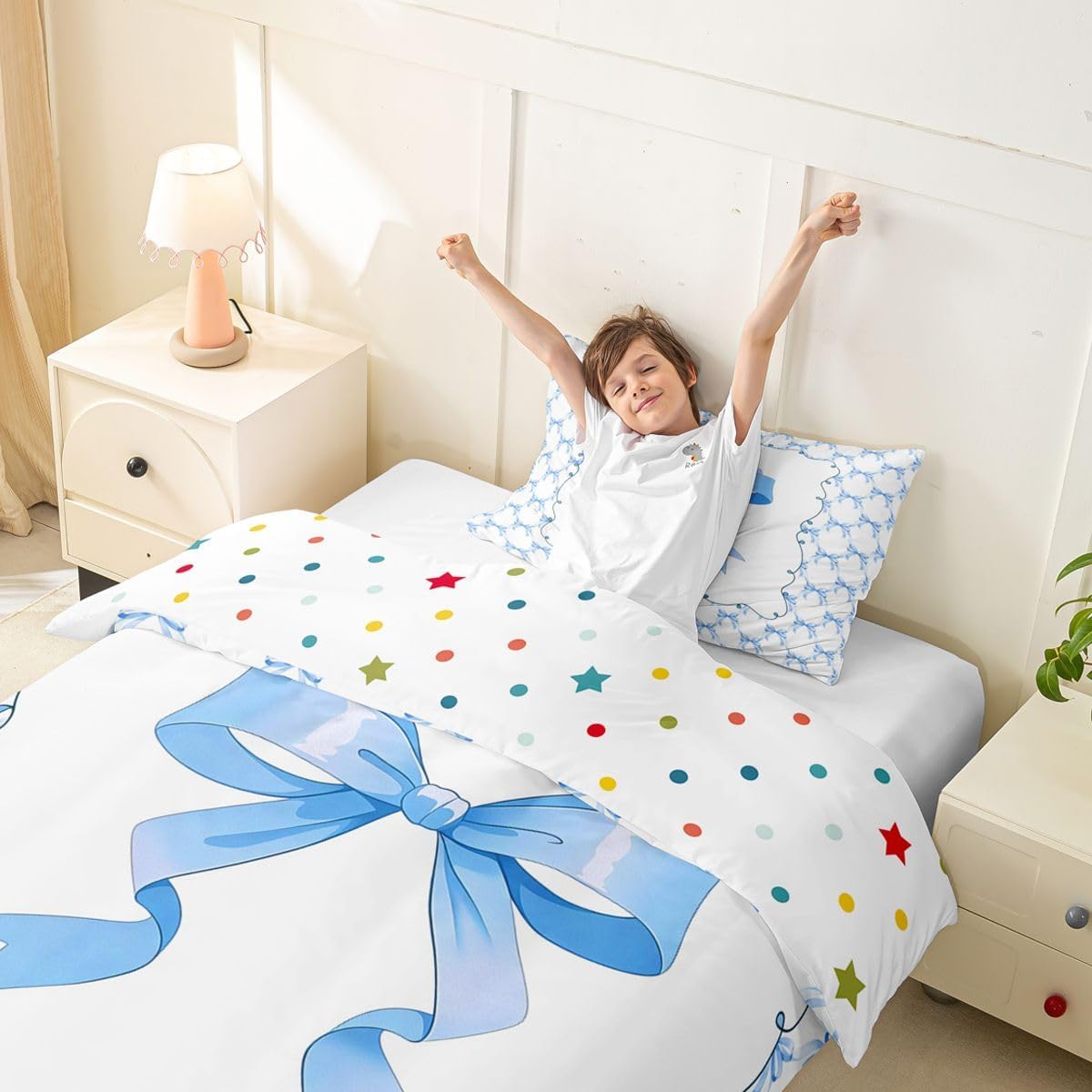 jejeloiu Bow Duvet Cover Toddler Size Blue Bowknot Bedding Set Breathable Soft Cute Princess Style Comforter Cover 2Pcs Bedroom Decor