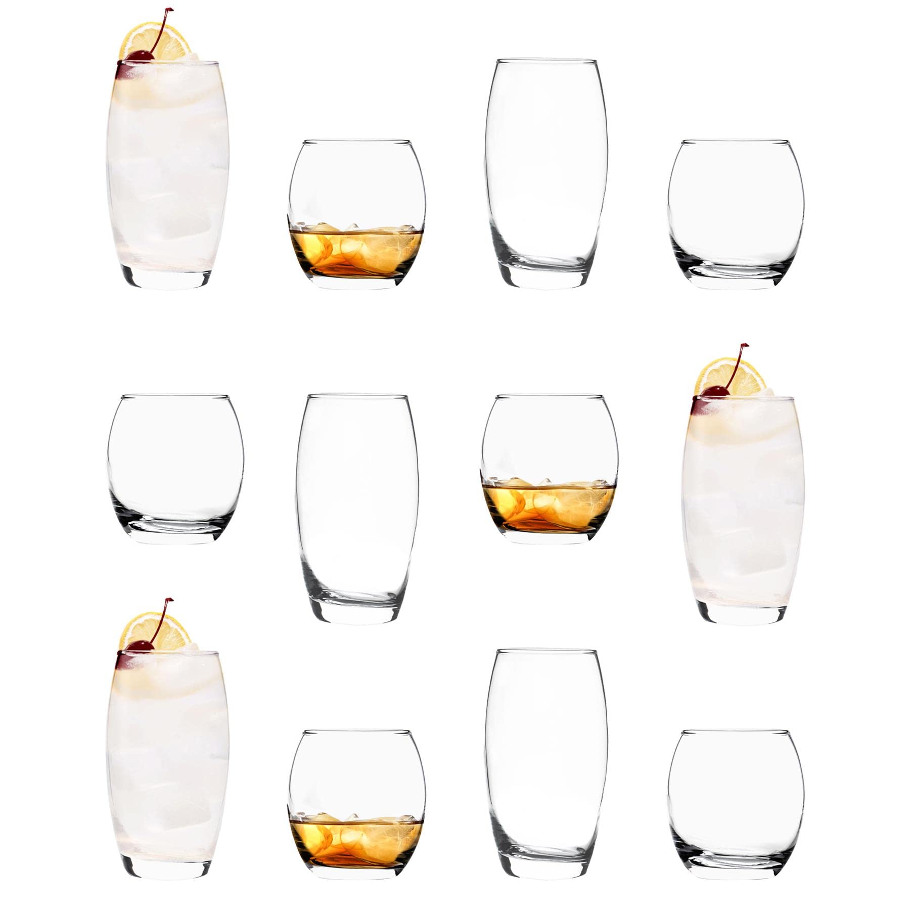 Lav Transparent 12Pc Clear Empire Glassware Set - Mixed Glass Highball Cocktail Gin Glasses And Water Whiskey Drinking Tumblers