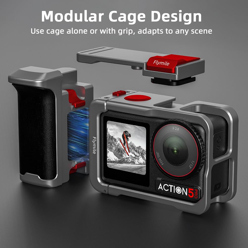 BRDRC Kit di impugnatura per DJI Action 5 Pro 4 3 (con gabbia), supporto per maniglia con pulsante di scatto, sgancio rapido, slitta fredda per DJI Osmo Action 5 Pro 4 3 accessori