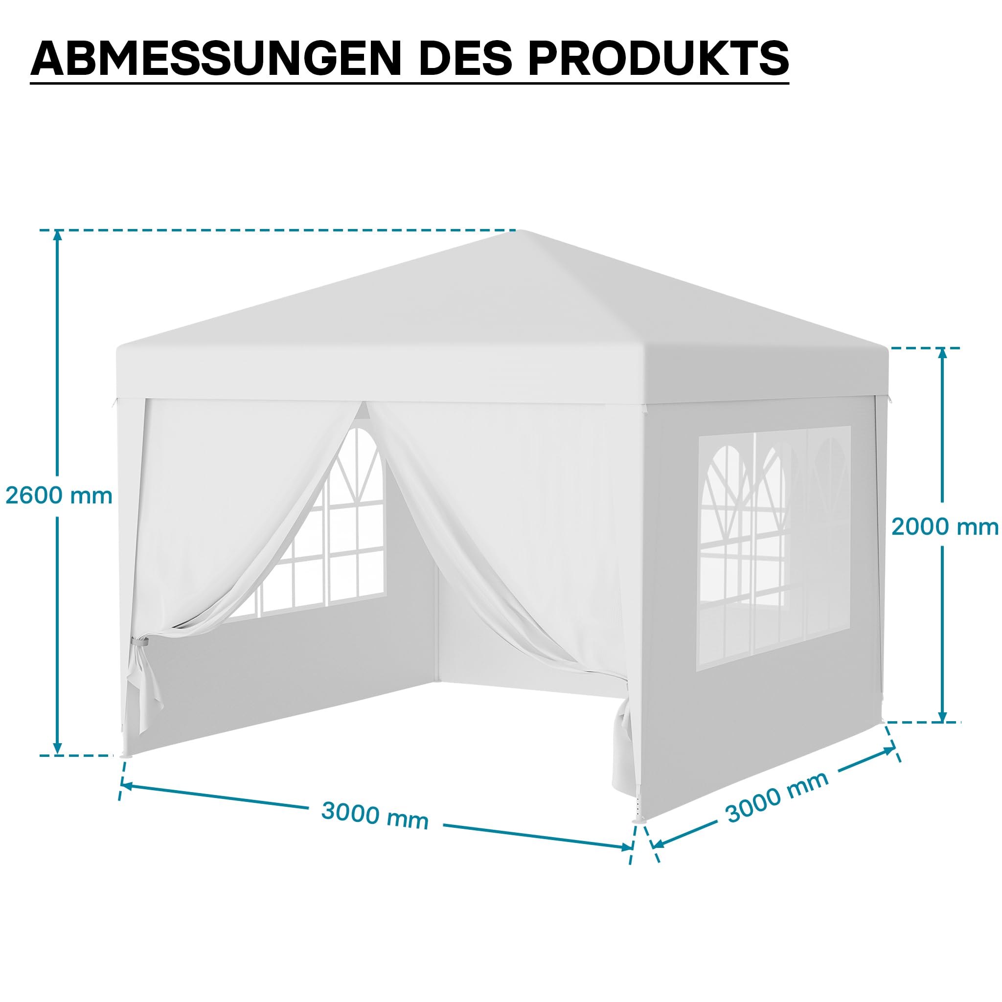 Wiltec Pavillon 3 x 3 m in Weiß mit UV-Schutz 50+, Gartenpavillon mit abnehmbaren Seiten, Partyzelt mit Fenstern für z. B. Terrasse und Festival