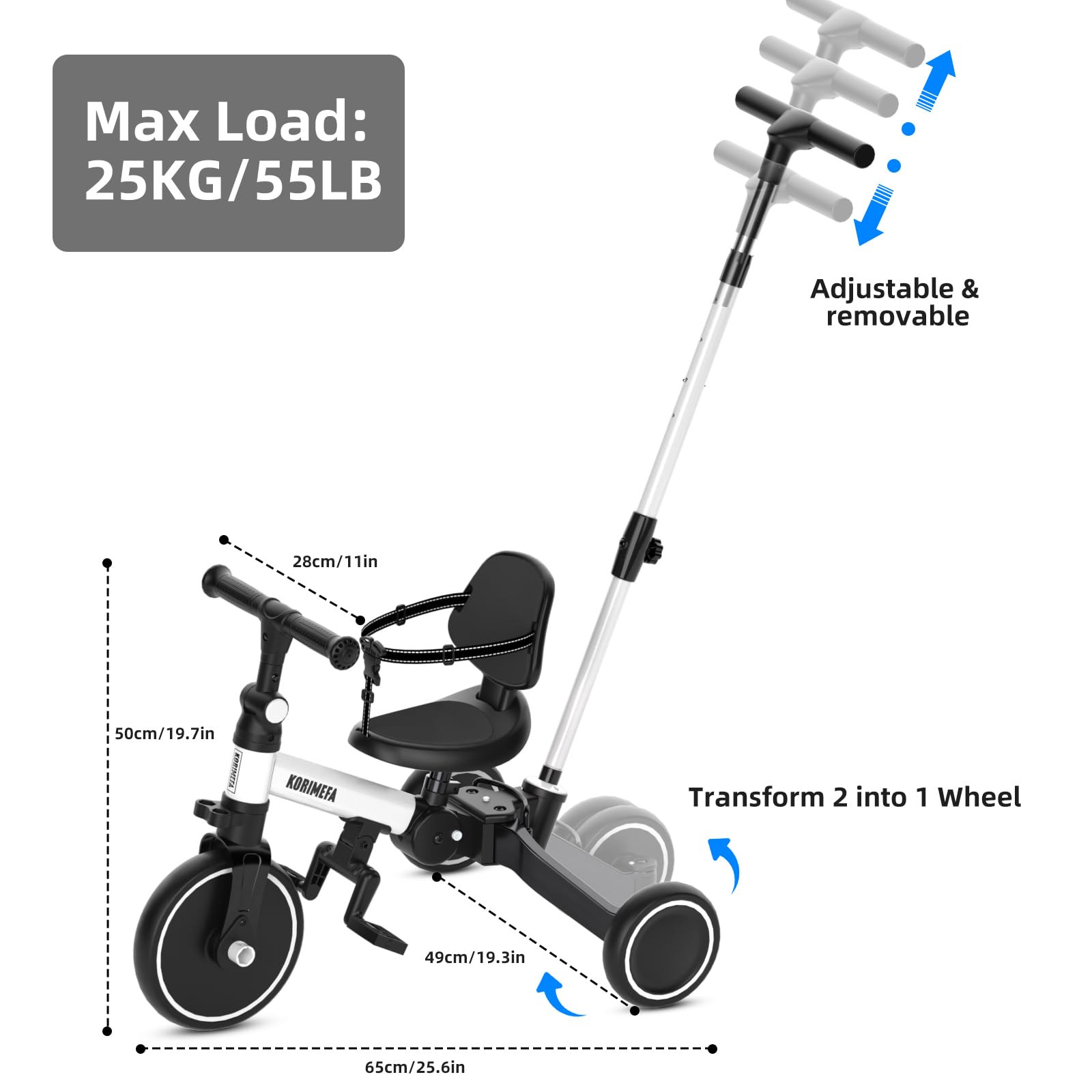 KORIMEFA Vélo d'équilibre pour Enfants, Tricycle à 3 Roues pour Enfants de 1 à 3 Ans, poignée de poussée, pédale Amovible, Dossier, poignée de Direction pour Les Parents, Premier Anniversaire (Blanc)