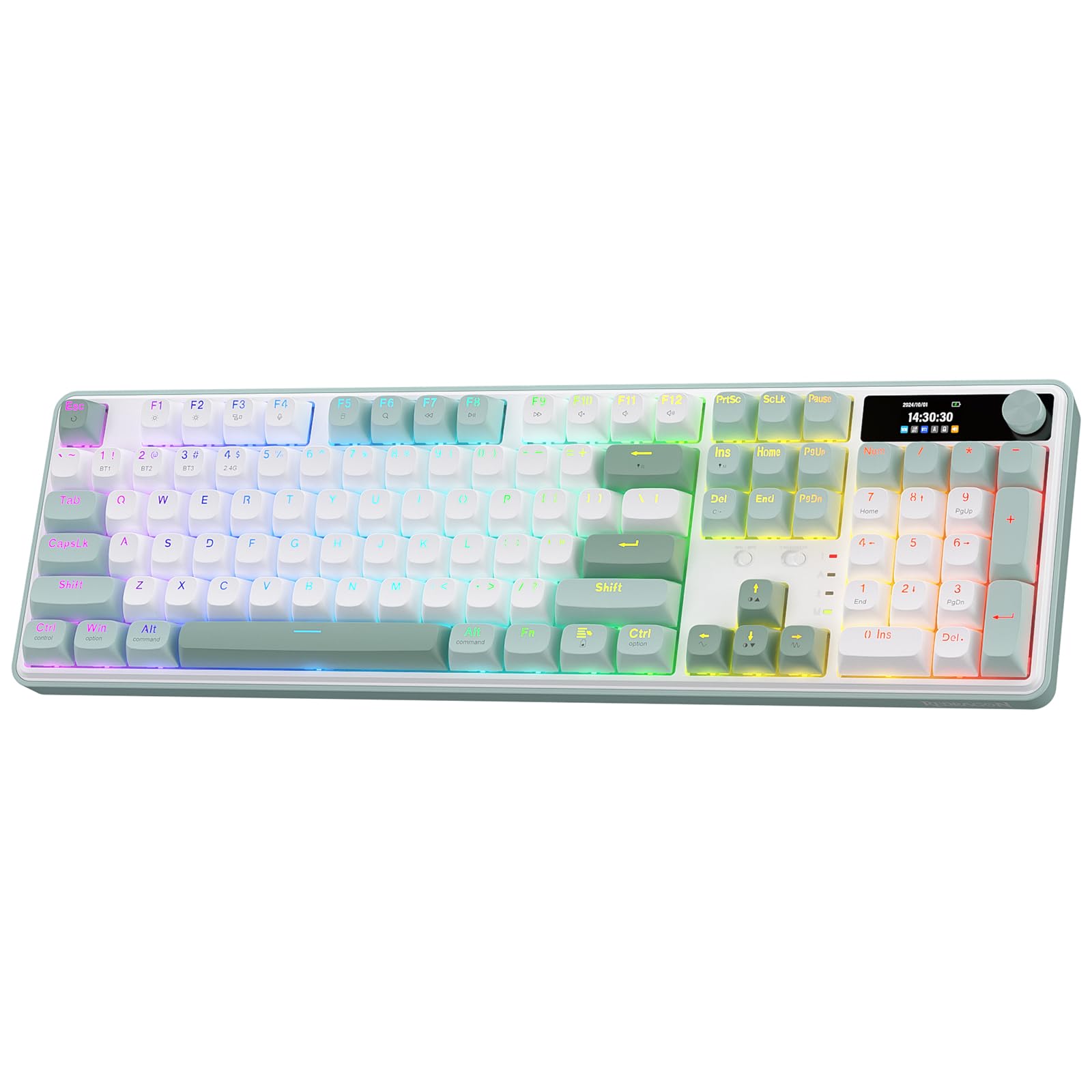 Redragon K761 Wireless Gasket Gaming Keyboard w/Hype Screen & Knob, 104 Keys Mechanical Keyboard, Easy-Control 1.14’’ TFT Info Display, 5-Layer Noise Dampening, Custom Linear Switch, Jade Cloud Color