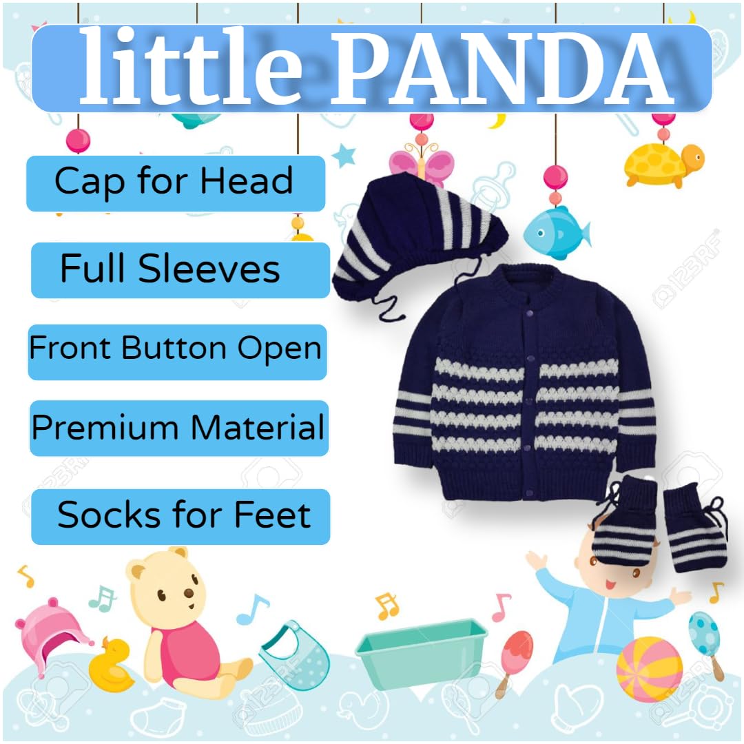 little PANDA Baby Sweater Baby Boy’s & Baby Girl’s Woolen Round Neck Long Sleeves Sweater, Cap & Booties Set Navy Blue - Image 5 thumbnail
