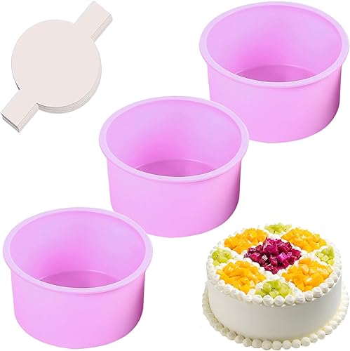 Moldes redondos de 4 pulgadas para hornear, paquete de 3 moldes de silicona para pasteles con 100 piezas de papel pergamino, moldes antiadherentes