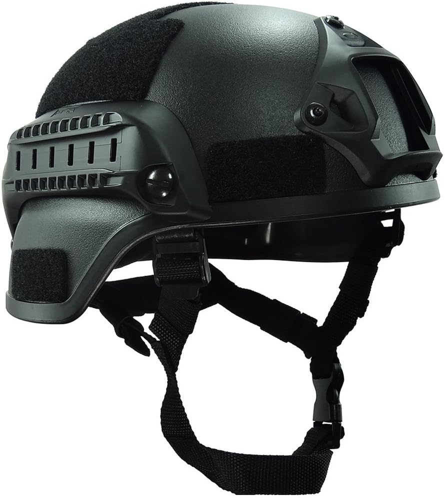 OneTigris Airsoft Helmet MICH 2000, 3mm ABS Plastic Adjustable ACH Tactical Helmet with Ear Protection, Front NVG Mount and Side Rail (Black)