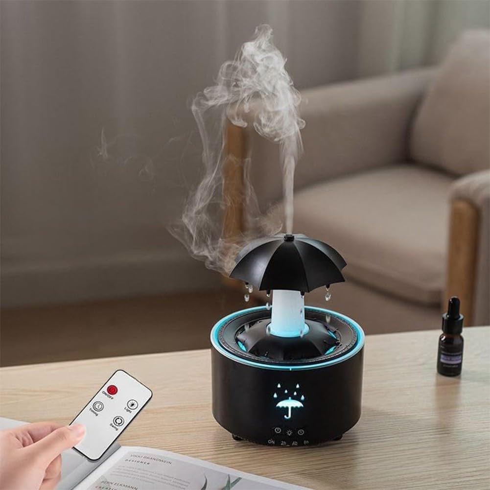 Minhe Diffusore per aromaterapia a LED a 7 colori con rotazione automatica, suoni della pioggia, impostazioni del timer e spegnimento automatico, doppio uso come umidificatore e diffusore di oli