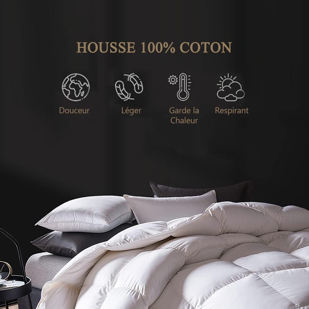 DWR Couette 4 Saisons 240x260 cm,Remplissage Duvet et Plumes d'oie,300GSM,Chaude et Respirante,Moyenne pour Toutes Les Saisons,100% Coton Biologique, Certifié Oeko-Tex et RDS,lit 2 Personne
